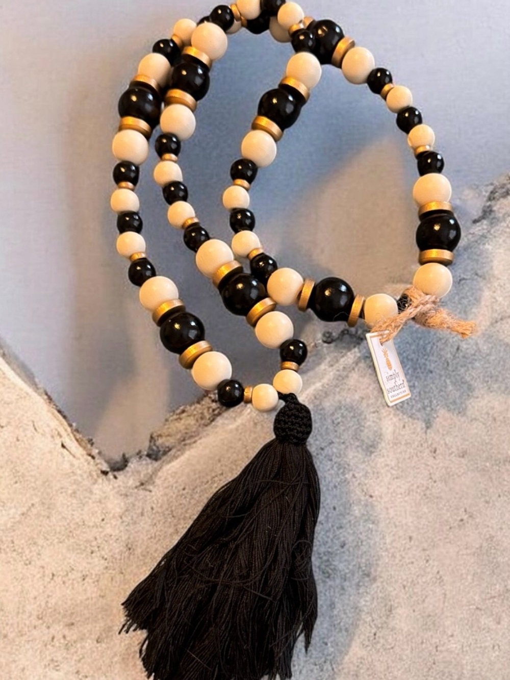 Simply Southern Black, Cream & Gold Beaded Tassel Necklace